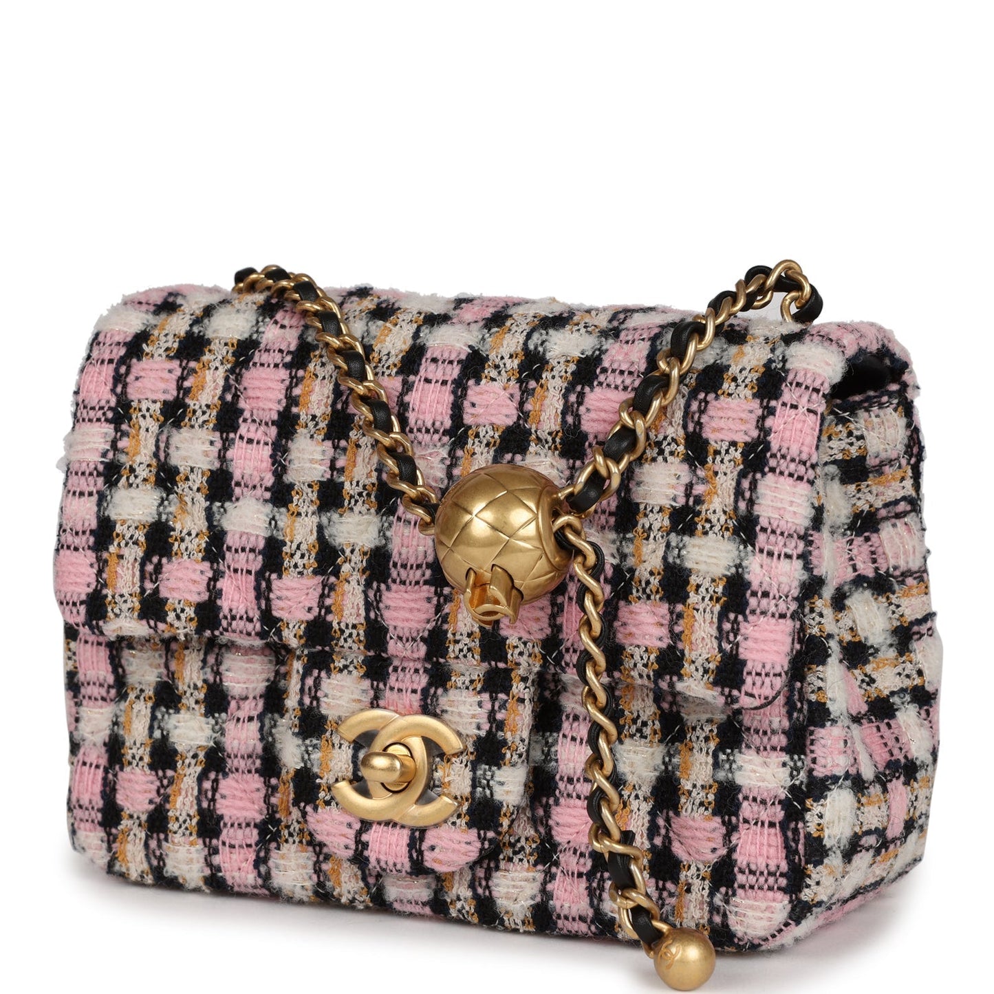 Chanel Pearl Crush Mini Square Flap Bag Pink and Black Tweed Antique Gold Hardware