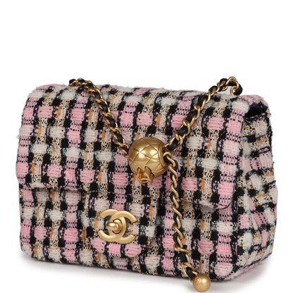 Chanel Pearl Crush Mini Square Flap Bag Pink and Black Tweed Antique Gold Hardware