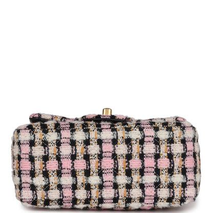 Chanel Pearl Crush Mini Square Flap Bag Pink and Black Tweed Antique Gold Hardware