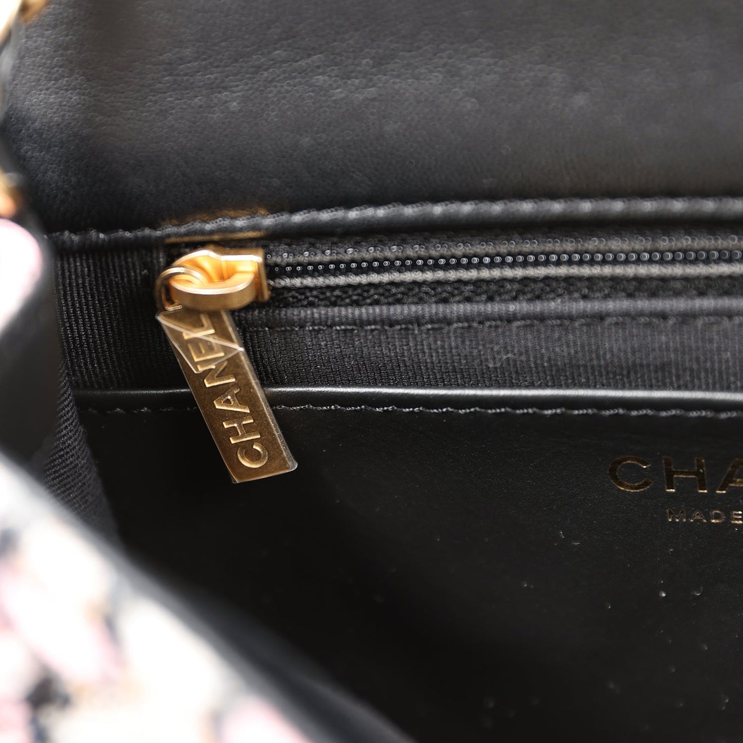 Chanel Pearl Crush Mini Square Flap Bag Pink and Black Tweed Antique Gold Hardware