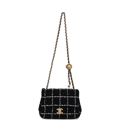 Chanel Mini Pearl Crush Square Flap Bag White and Black Tweed Antique Gold Hardware