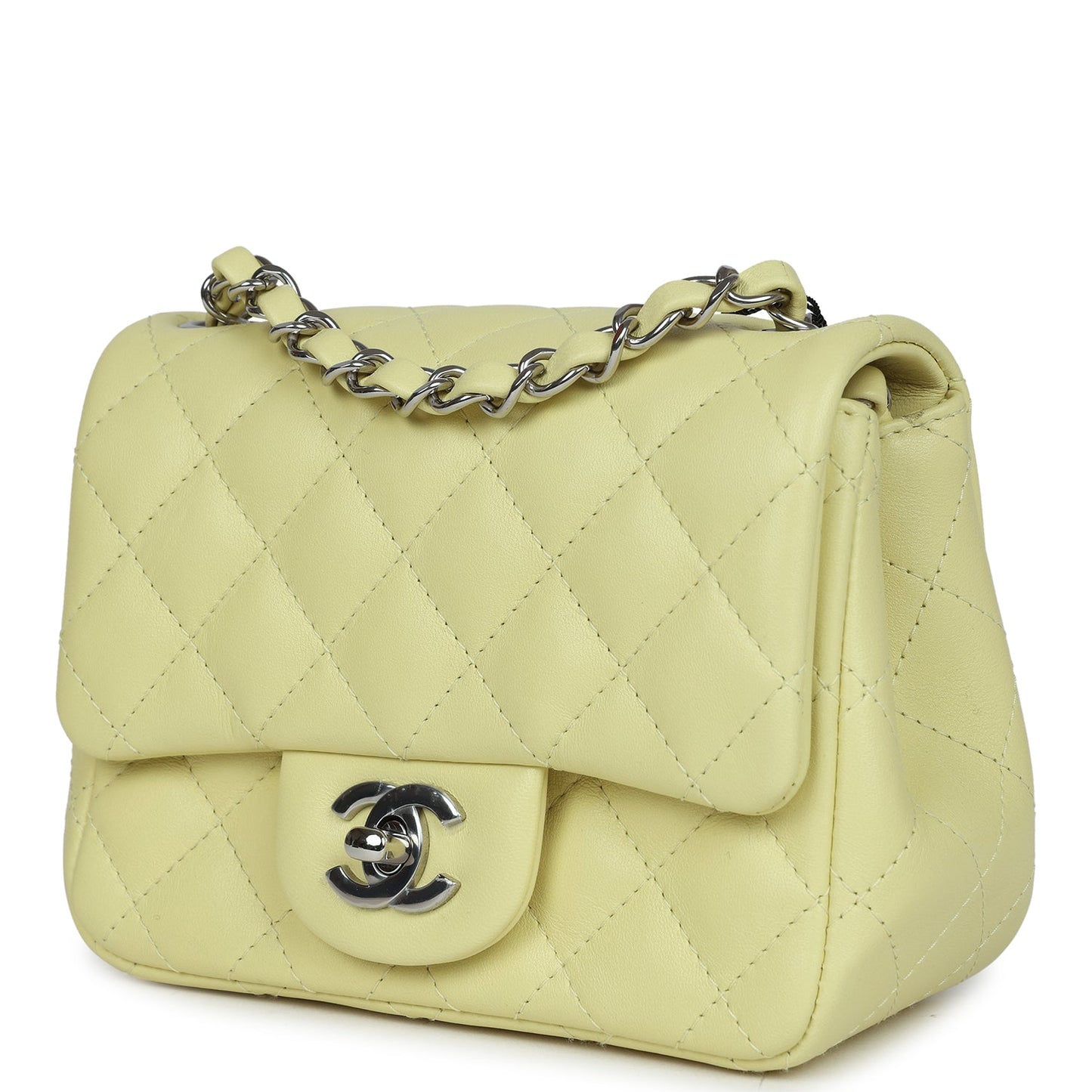 Chanel Mini Square Flap Bag Lime Lambskin Silver Hardware