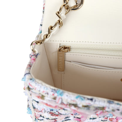 Chanel Mini Rectangular Flap Bag White Multicolored Tweed Light Gold Hardware