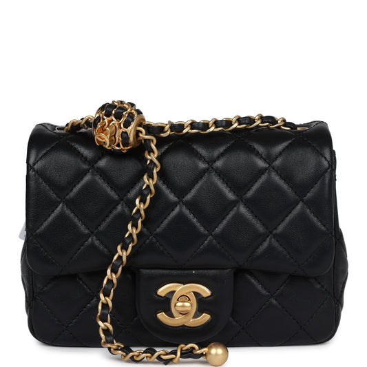 Chanel Mini Square Pearl Crush Flap Bag Black Lambskin Anitque Gold Hardware