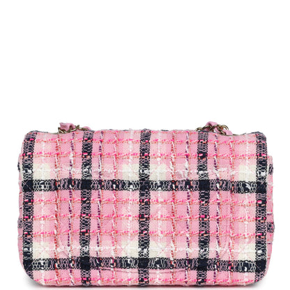 Chanel Mini Rectangular Flap Bag Pink, White and Black Tweed Light Gold Hardware