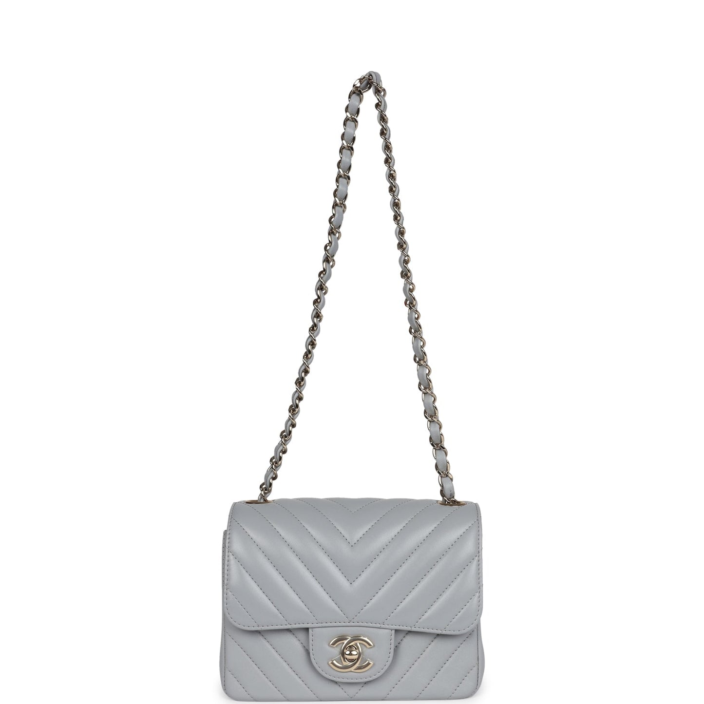 Chanel Mini Chevron Square Flap Bag Light Grey Lambskin Light Gold Hardware