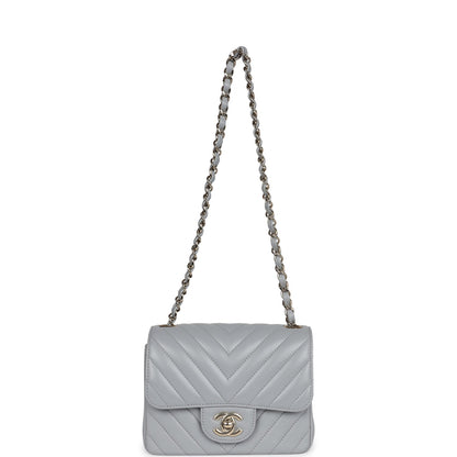 Chanel Mini Chevron Square Flap Bag Light Grey Lambskin Light Gold Hardware