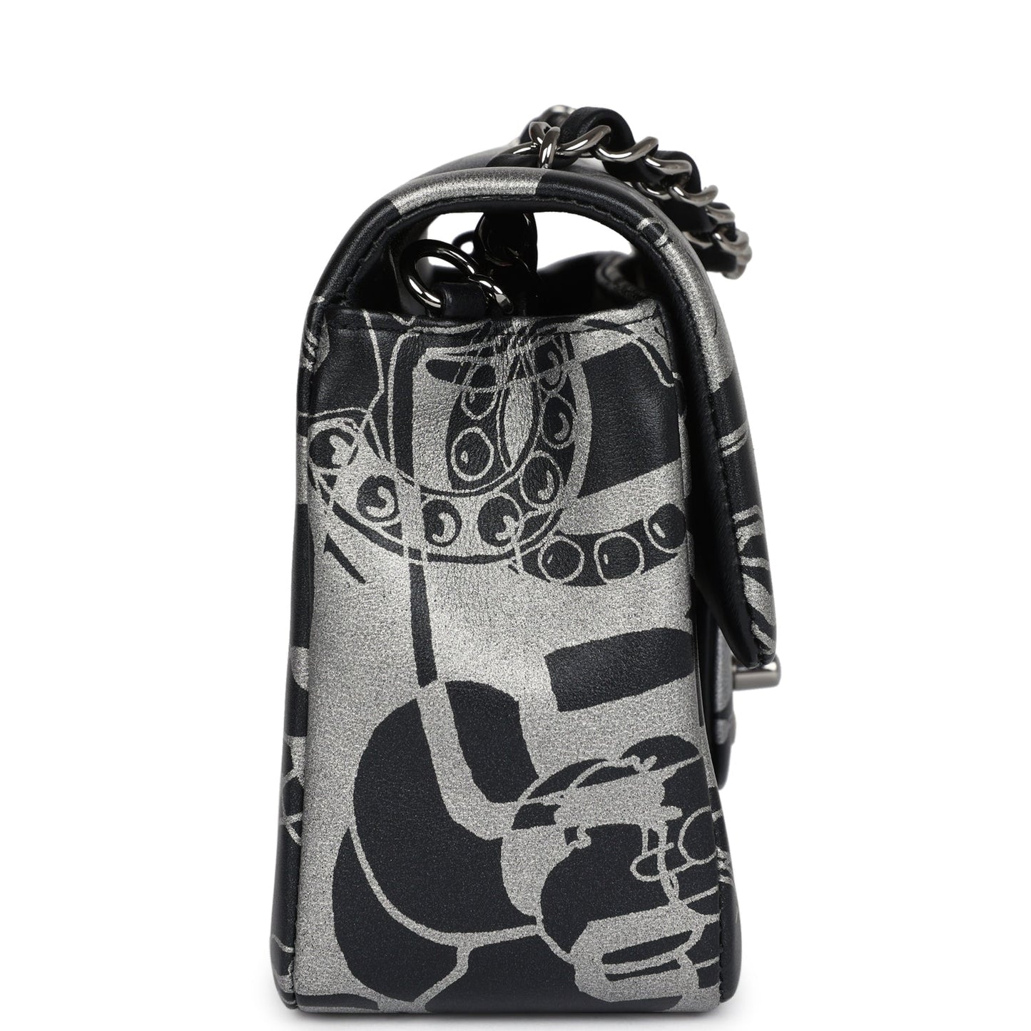 Chanel Mini Rectangular Flap Bag Black and Silver Printed Lambskin Ruthenium Hardware