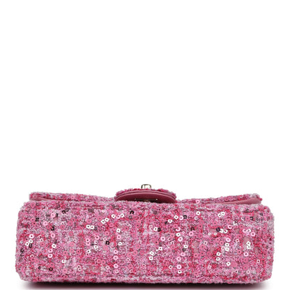 Chanel Mini Classic Rectangular Flap Bag Pink Tweed and Sequin Gold Hardware