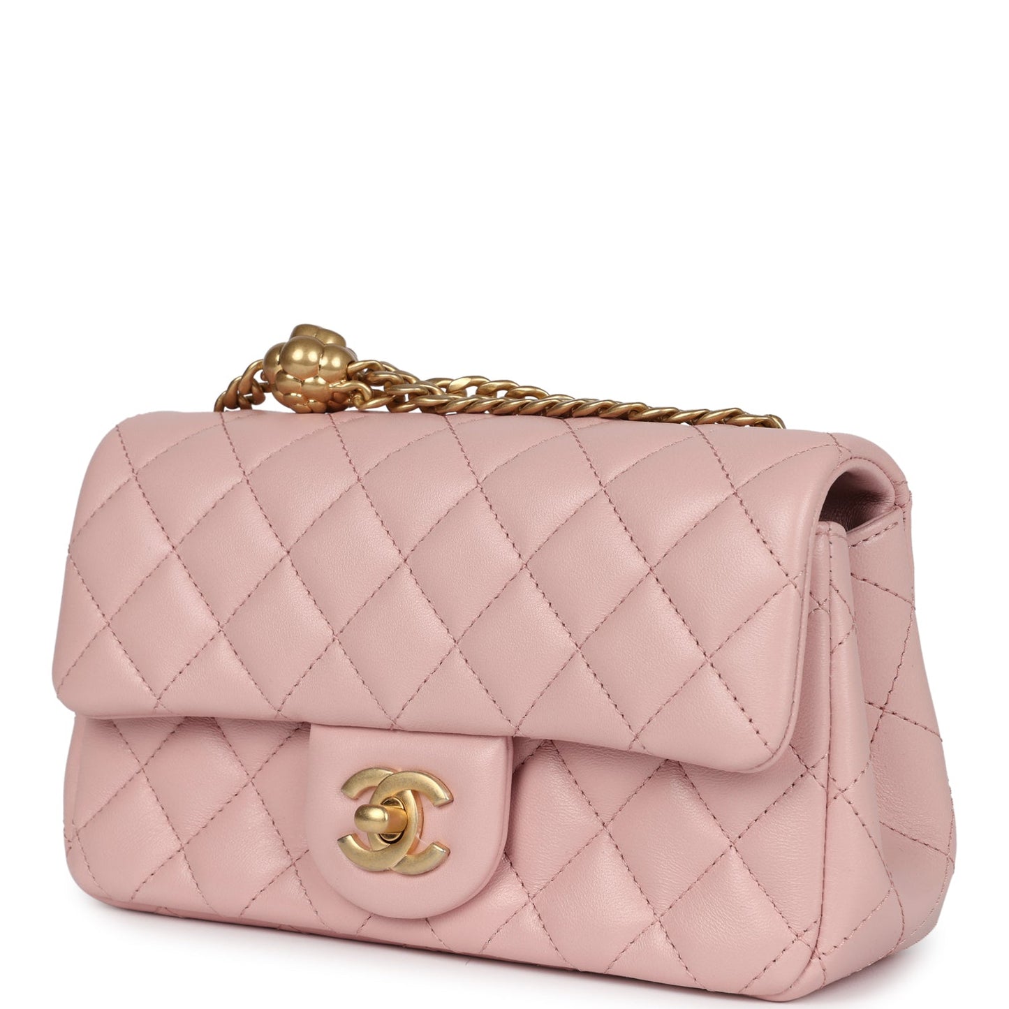 Chanel Mini Camellia Crush Rectangular Flap Rose Clair Lambskin Antique Gold Hardware