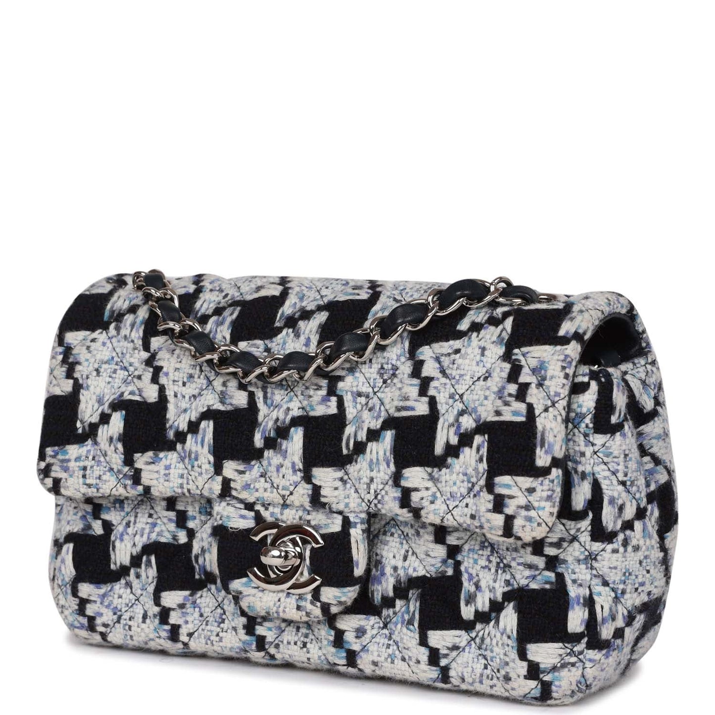 Pre-owned Chanel Mini Rectangular Flap Bag Blue Tweed Silver Hardware