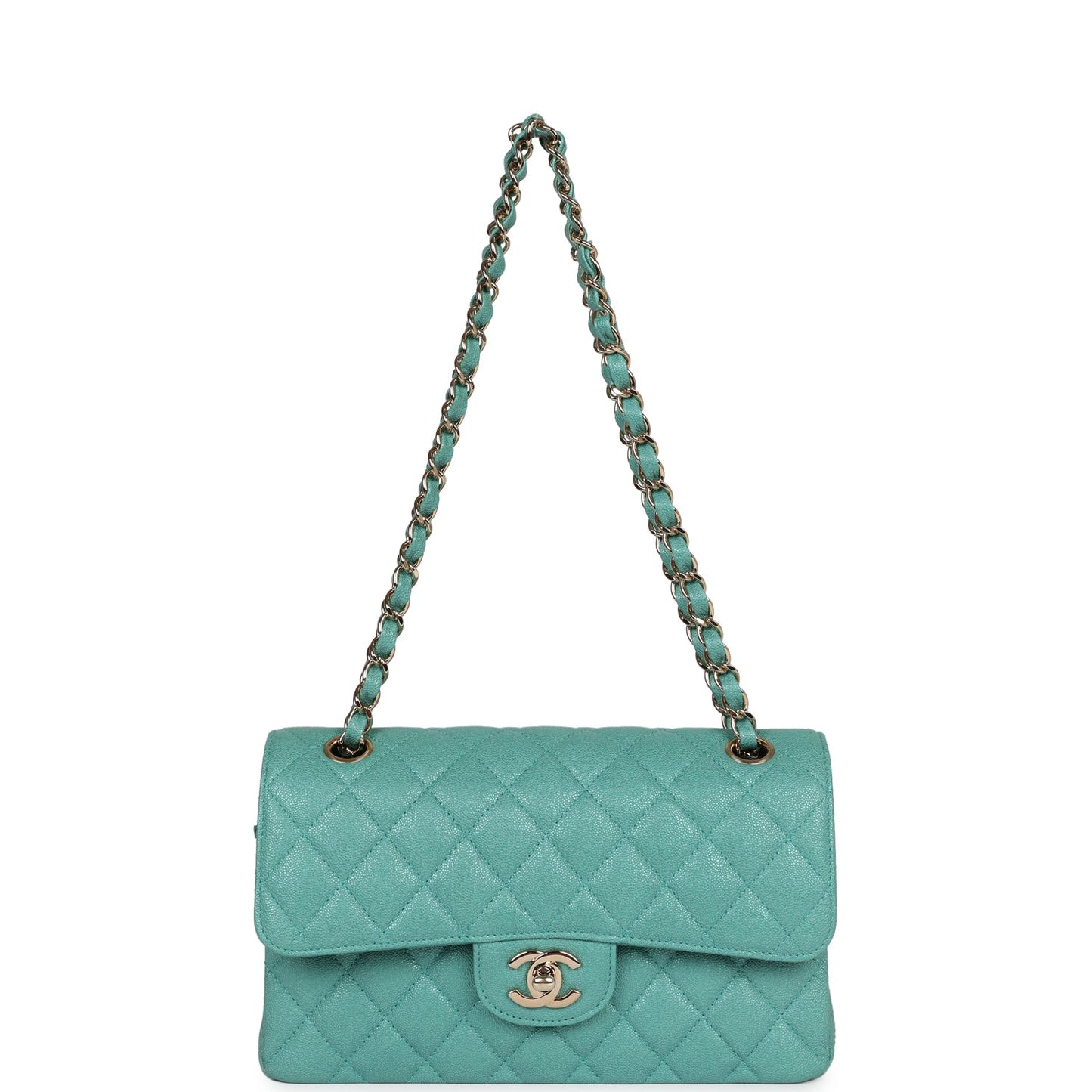 Chanel Small Classic Double Flap Turquoise Iridescent Caviar Light Gold Hardware