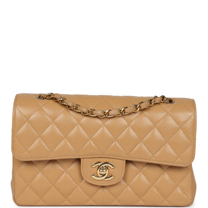 Pre-owned Chanel Small Classic Double Flap Dark Beige Caviar Gold Hardware