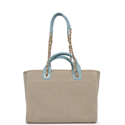 Chanel Small Deauville Shopping Tote Blue and Beige Boucle Light Gold Hardware