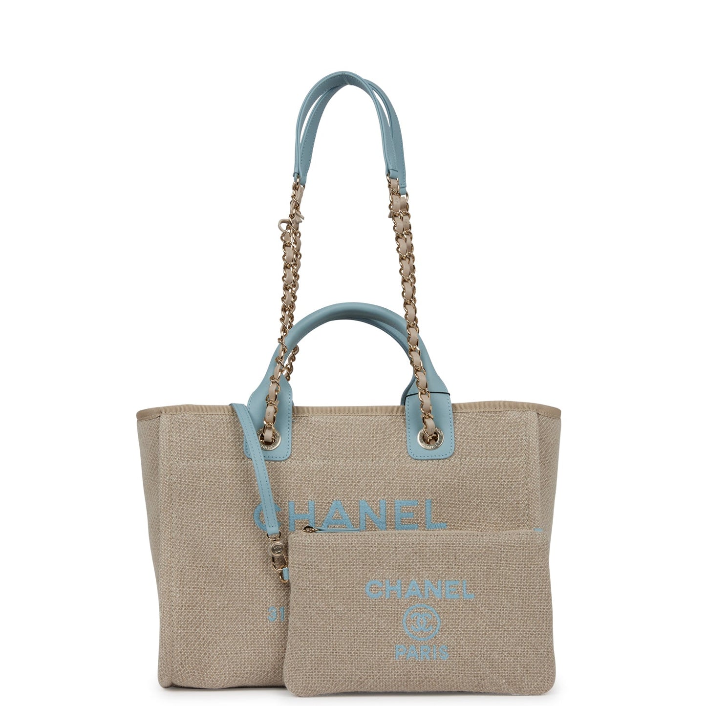 Chanel Small Deauville Shopping Tote Blue and Beige Boucle Light Gold Hardware