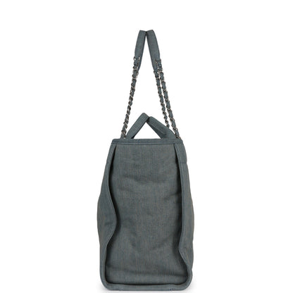 Chanel Large Deauville Shopping Tote Distressed Blue Denim Silver Hardware