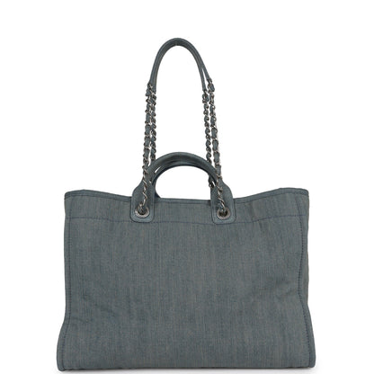 Chanel Large Deauville Shopping Tote Distressed Blue Denim Silver Hardware
