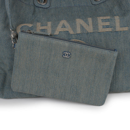 Chanel Large Deauville Shopping Tote Distressed Blue Denim Silver Hardware