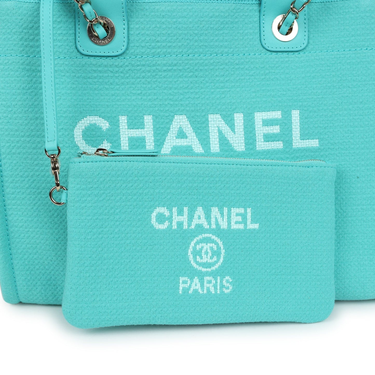 Chanel Small Deauville Shopping Tote Turquoise Canvas Light Gold Hardware