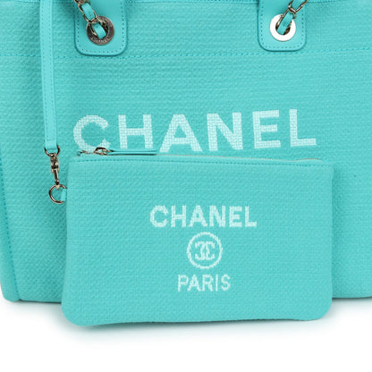Chanel Small Deauville Shopping Tote Turquoise Canvas Light Gold Hardware