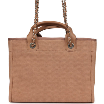 Chanel Small Deauville Shopping Tote Dark Beige Canvas Light Gold Hardware