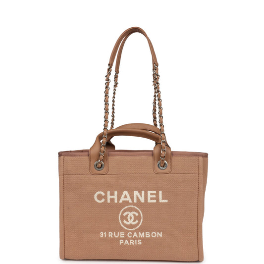 Chanel Small Deauville Shopping Tote Dark Beige Canvas Light Gold Hardware