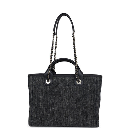 Chanel Small Deauville Shopping Tote Dark Blue Denim Light Gold Hardware