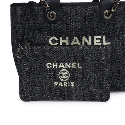Chanel Small Deauville Shopping Tote Dark Blue Denim Light Gold Hardware