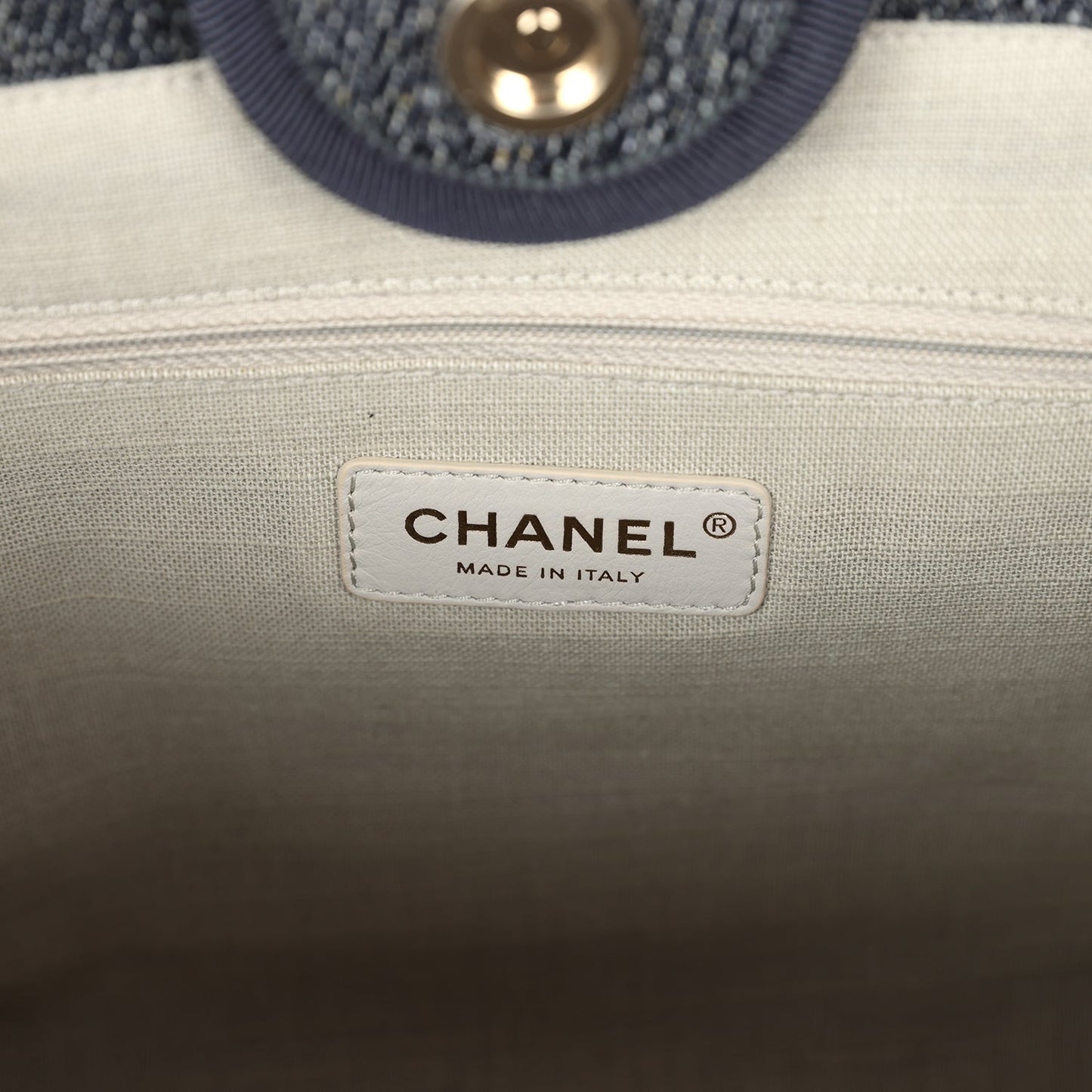 Chanel Small Deauville Shopping Tote Dark Blue Denim Light Gold Hardware