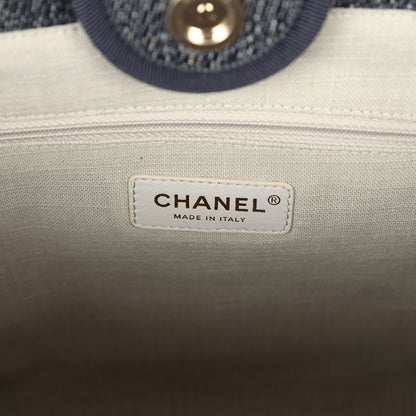 Chanel Small Deauville Shopping Tote Dark Blue Denim Light Gold Hardware