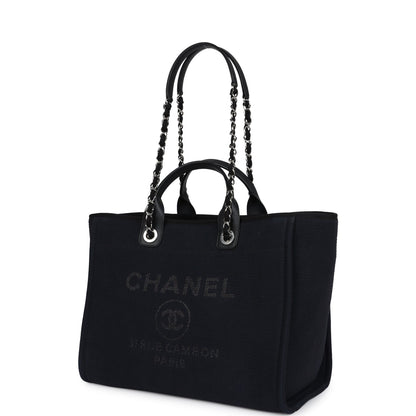 Chanel Medium Deauville Shopping Tote Black Canvas Silver Hardware