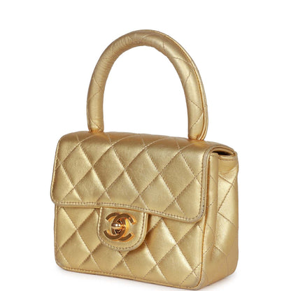 Vintage Chanel Mini Top Handle Kelly Child Flap Bag Gold Metallic Lambskin Gold Hardware