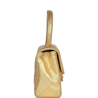 Vintage Chanel Mini Top Handle Kelly Child Flap Bag Gold Metallic Lambskin Gold Hardware