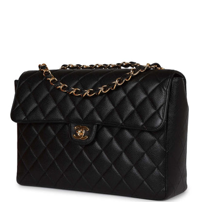 Vintage Chanel Jumbo Classic Single Flap Bag Black Caviar Gold Hardware