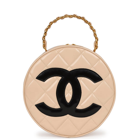 Vintage Chanel Round Vanity Bag Beige and Black Patent Leather Antique Gold Hardware