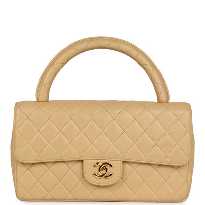 Vintage Chanel Kelly Parent Flap Bag Beige Lambskin Gold Hardware