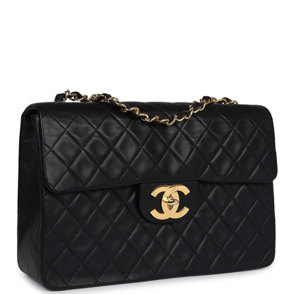 Vintage Chanel XL Jumbo Maxi Flap Bag Black Lambskin Gold Hardware