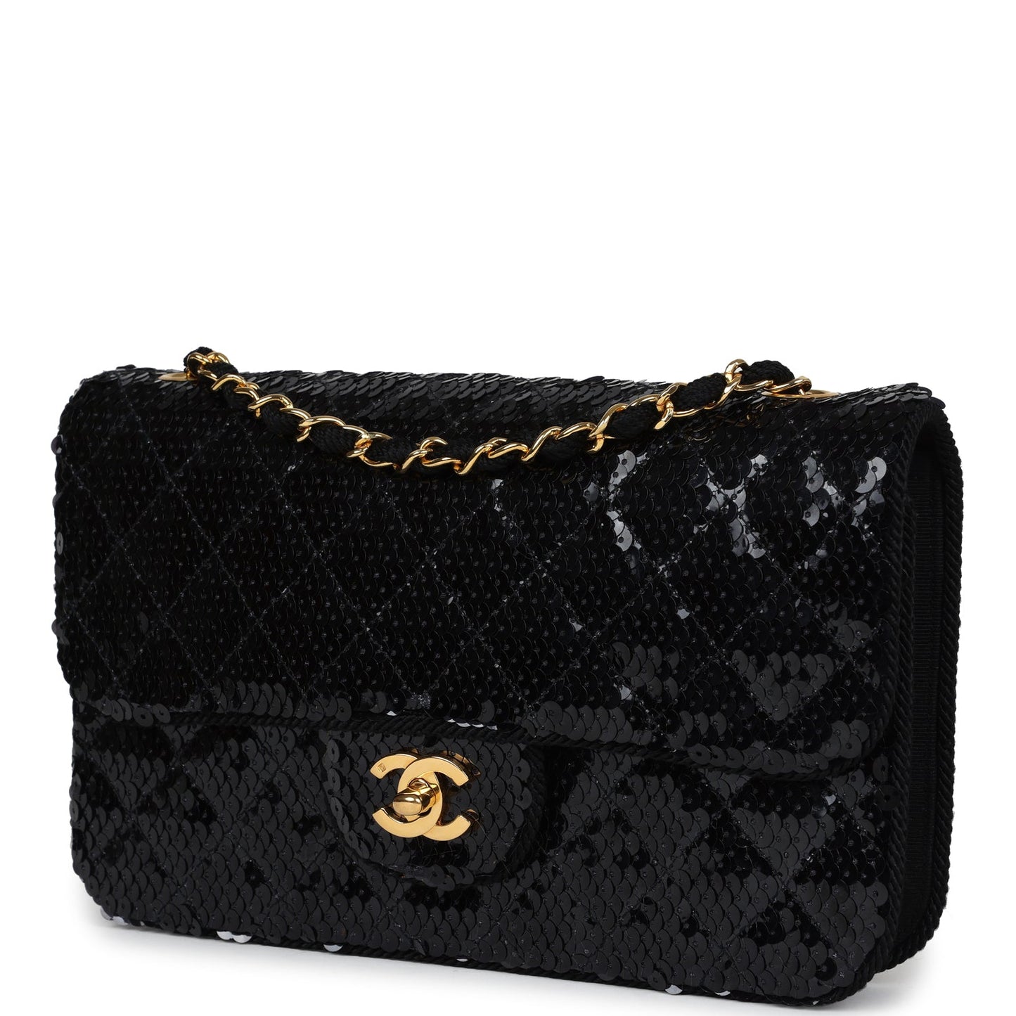 Vintage Chanel Small Flap Bag Black Sequin Gold Hardware