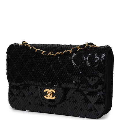 Vintage Chanel Small Flap Bag Black Sequin Gold Hardware