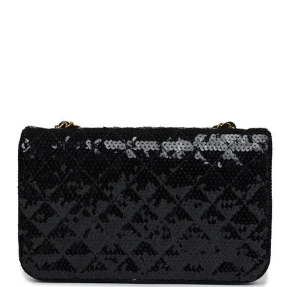 Vintage Chanel Small Flap Bag Black Sequin Gold Hardware