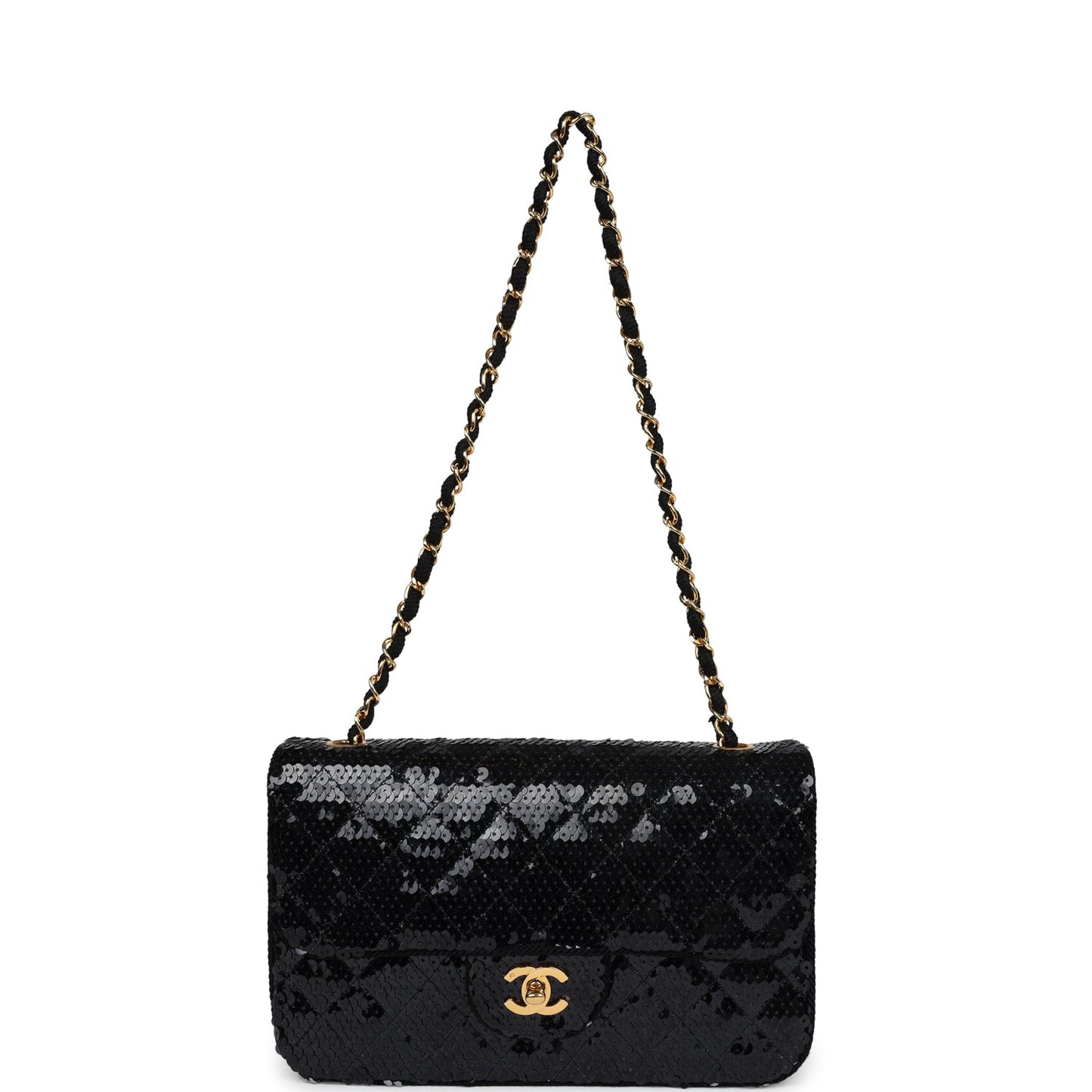 Vintage Chanel Small Flap Bag Black Sequin Gold Hardware