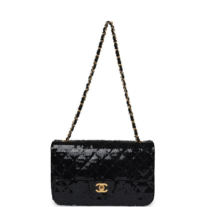 Vintage Chanel Small Flap Bag Black Sequin Gold Hardware
