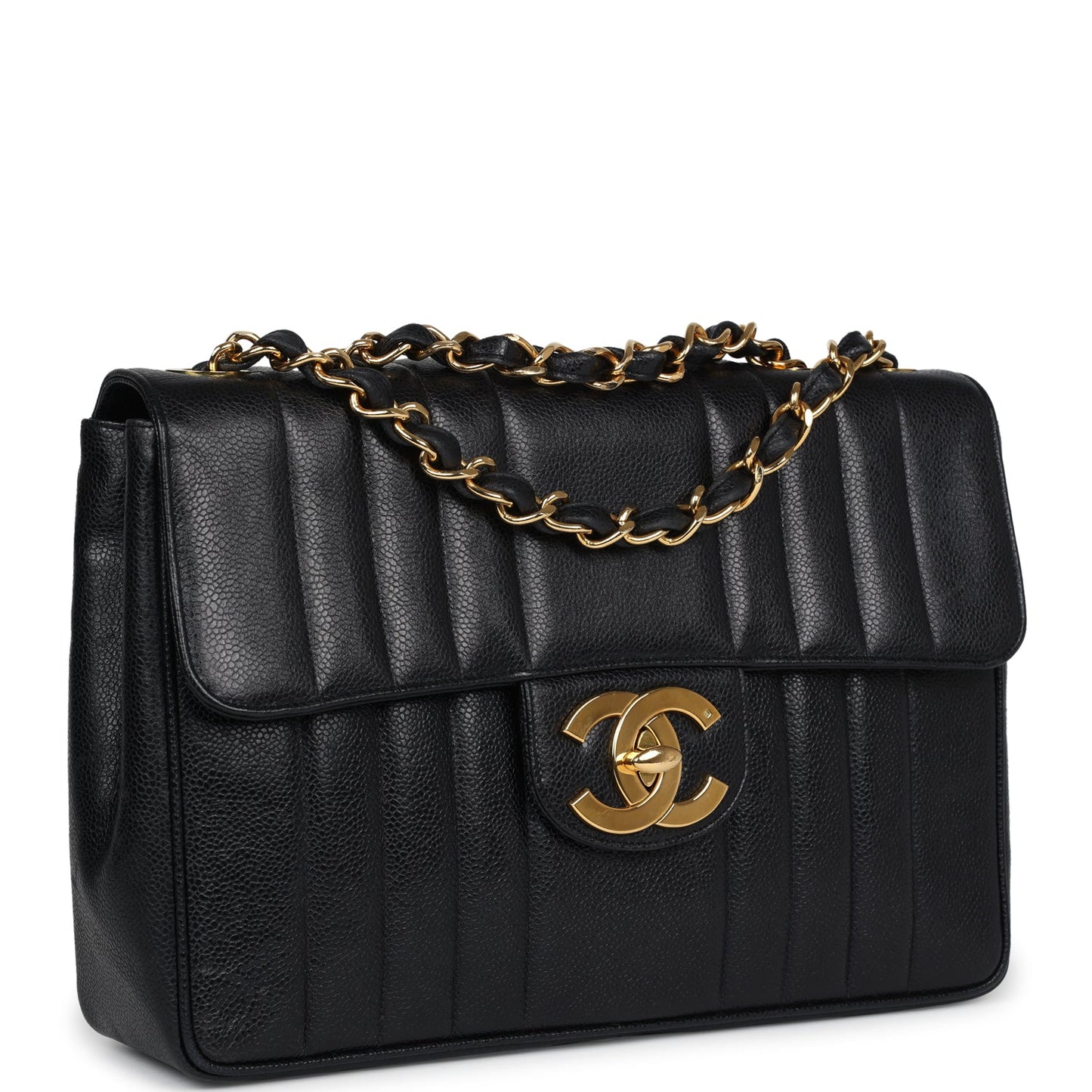 Vintage Chanel XL Jumbo Mademoiselle Vertical Flap Black Caviar Gold Hardware
