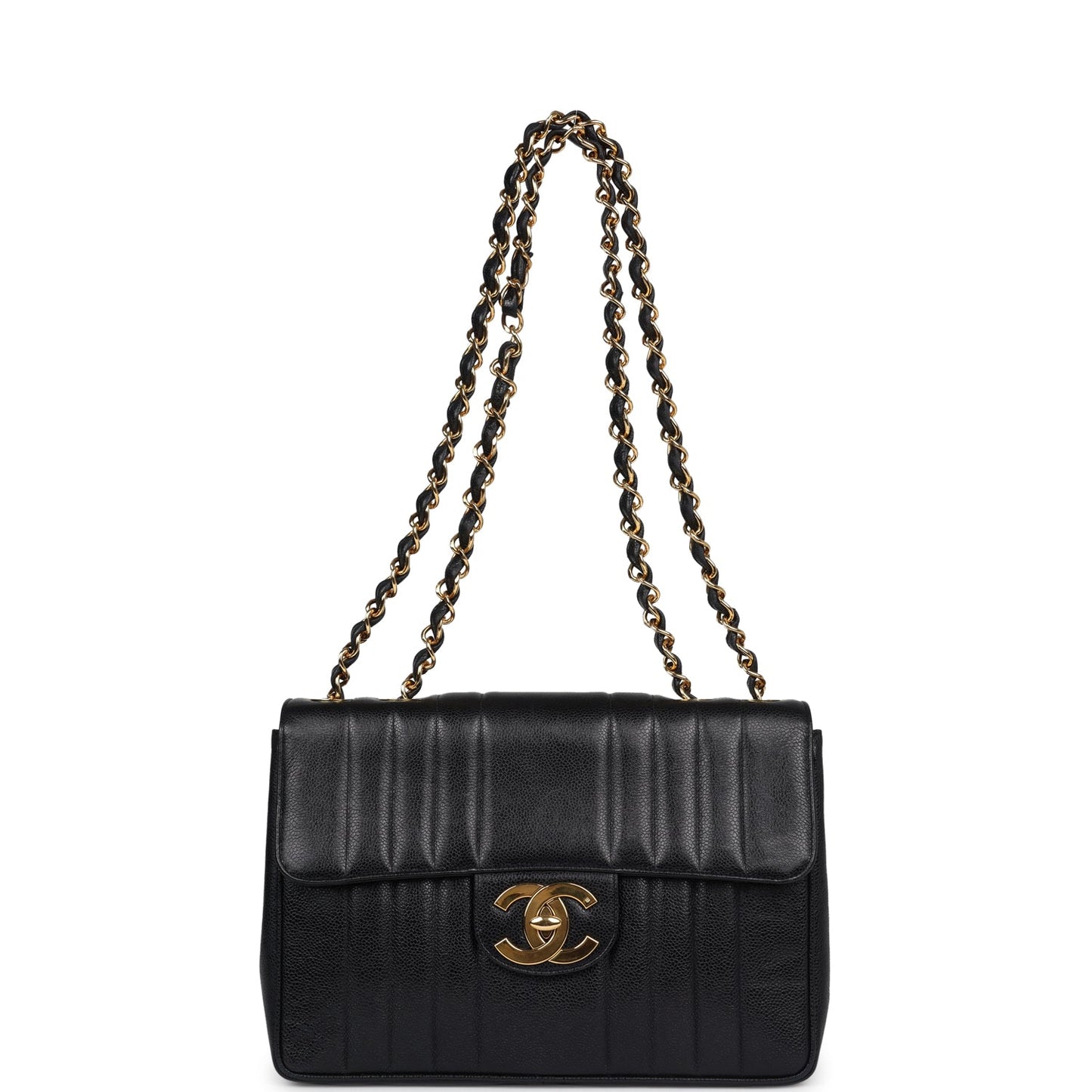 Vintage Chanel XL Jumbo Mademoiselle Vertical Flap Black Caviar Gold Hardware