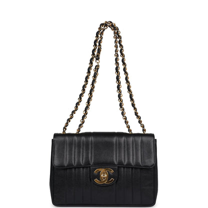 Vintage Chanel XL Jumbo Mademoiselle Vertical Flap Black Caviar Gold Hardware