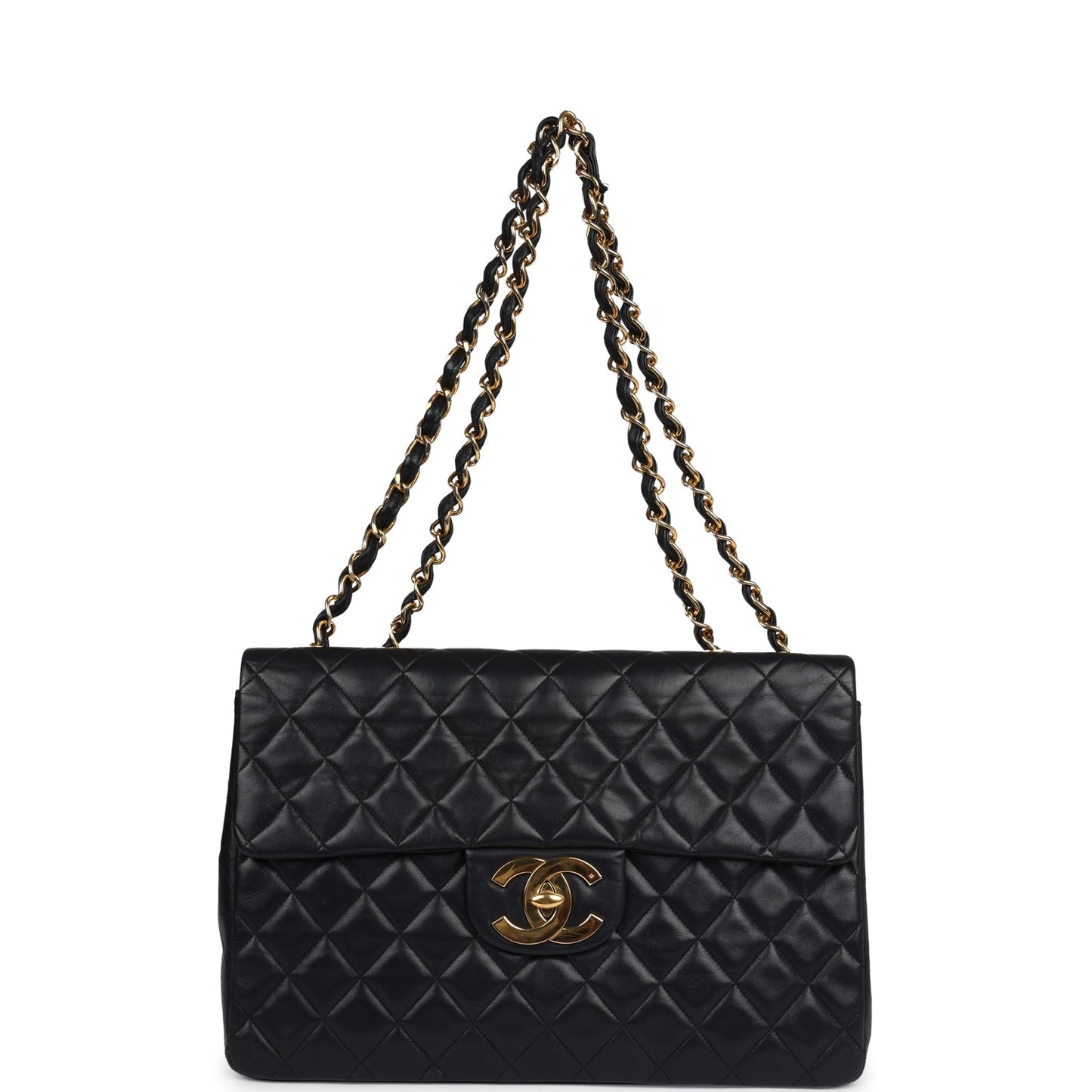 Vintage Chanel XL Jumbo Maxi Flap Bag Black Lambskin Gold Hardware