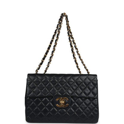 Vintage Chanel XL Jumbo Maxi Flap Bag Black Lambskin Gold Hardware