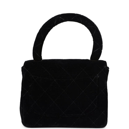 Vintage Chanel Micro Kelly Child Flap Bag Black Velvet Gold Hardware