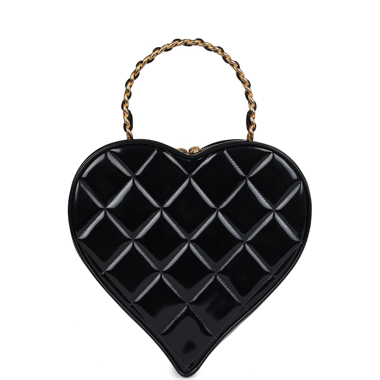 Vintage Chanel Heart Vanity Bag Black and White Patent Antique Gold Hardware
