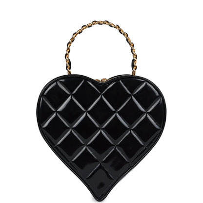 Vintage Chanel Heart Vanity Bag Black and White Patent Antique Gold Hardware